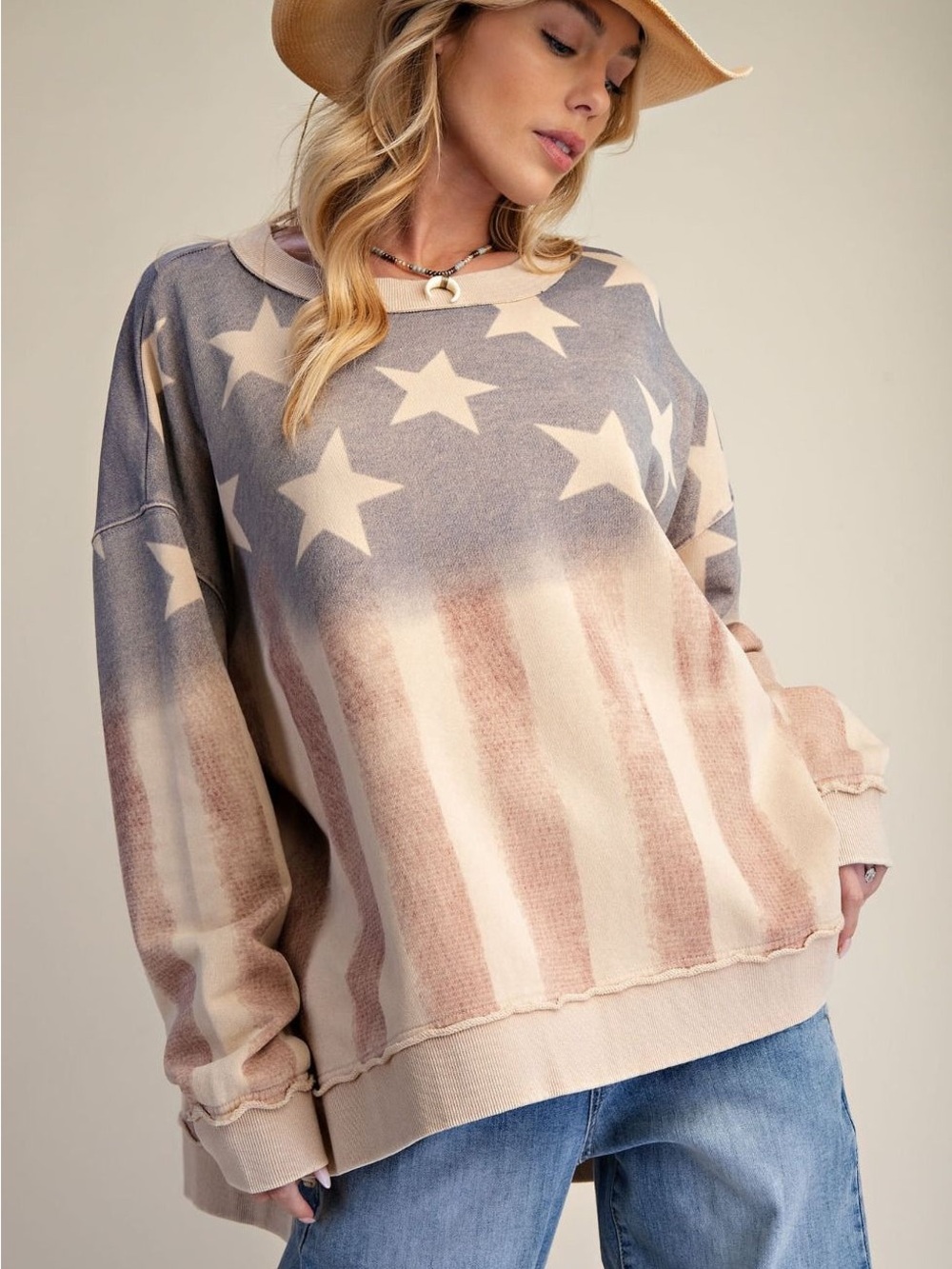 Easel American Flag Washed Terry Oversized  Pullover